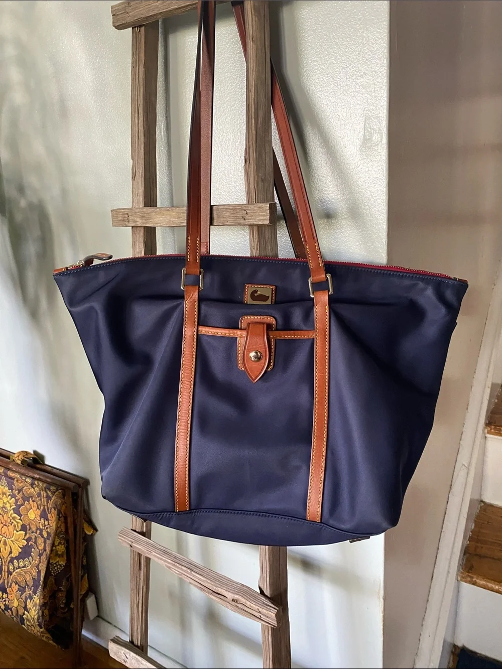 Dooney & Bourke Navy Tote Bag with Brown Leather Trim - Classic Everyday Carry